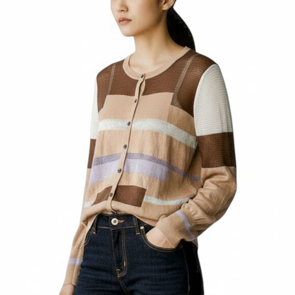 Simply Vera by Vera Wang Sheer Knit Colorblock Cardigan Button-Up Sweater Sz XL - Picture 2 of 14